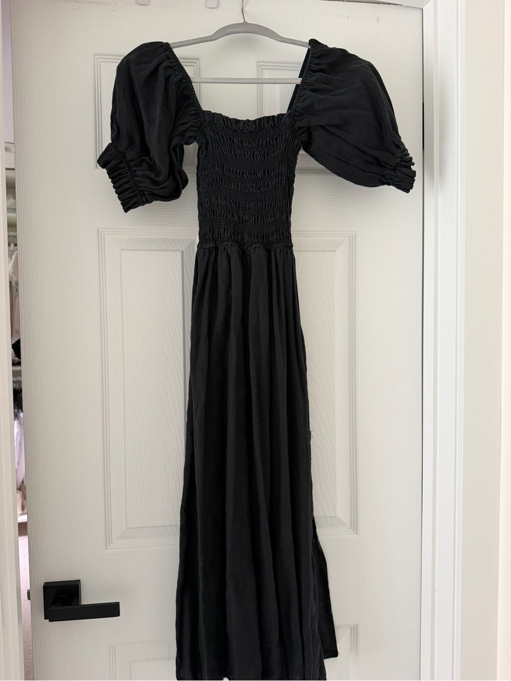 DISSH Black Smocked Puff-Sleeve Midi Dress